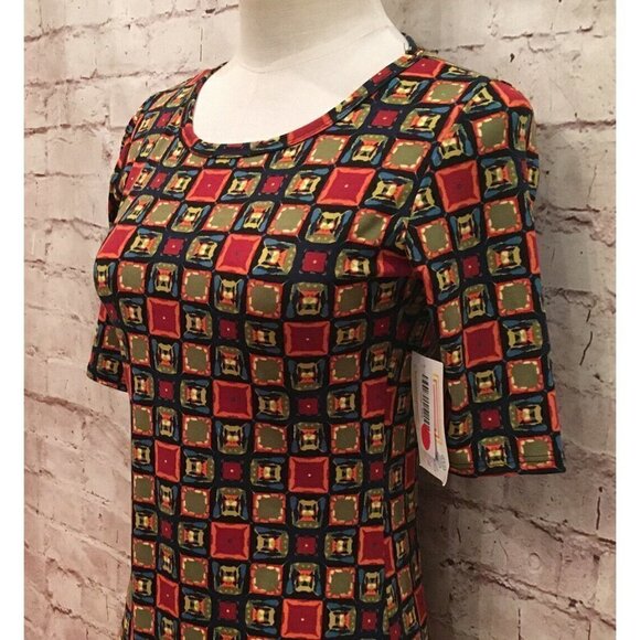 LuLaRoe JULIA Pencil Sheath Dress Womens XXS Maroon Multi Color Square Print NEW - Picture 3 of 3